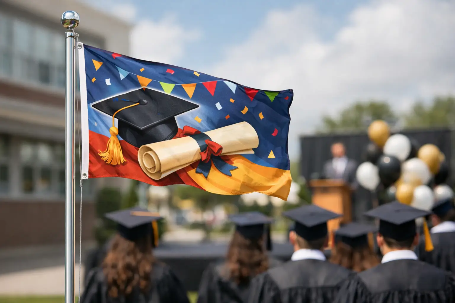 Schoolvlag bestellen voor diploma-uitreiking